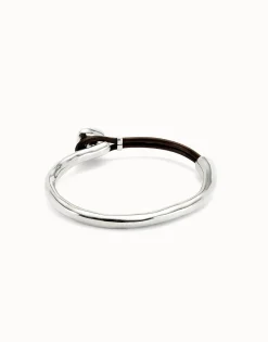 Bangle bracelet with leather and green crystal