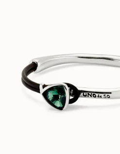 Bangle bracelet with leather and green crystal