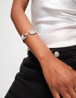 Bangle bracelet with two white crystals