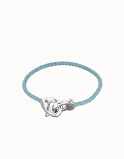 Blue leather bracelet with interlocking carabiner