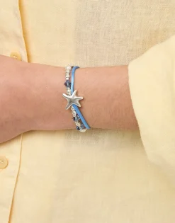 Blue silk thread and metal bracelet with starfish