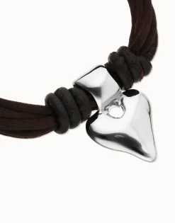 Bracelet in silk thread and brown leather with heart