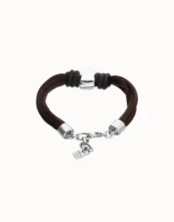 Bracelet in silk thread and brown leather with heart
