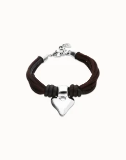 Bracelet in silk thread and brown leather with heart