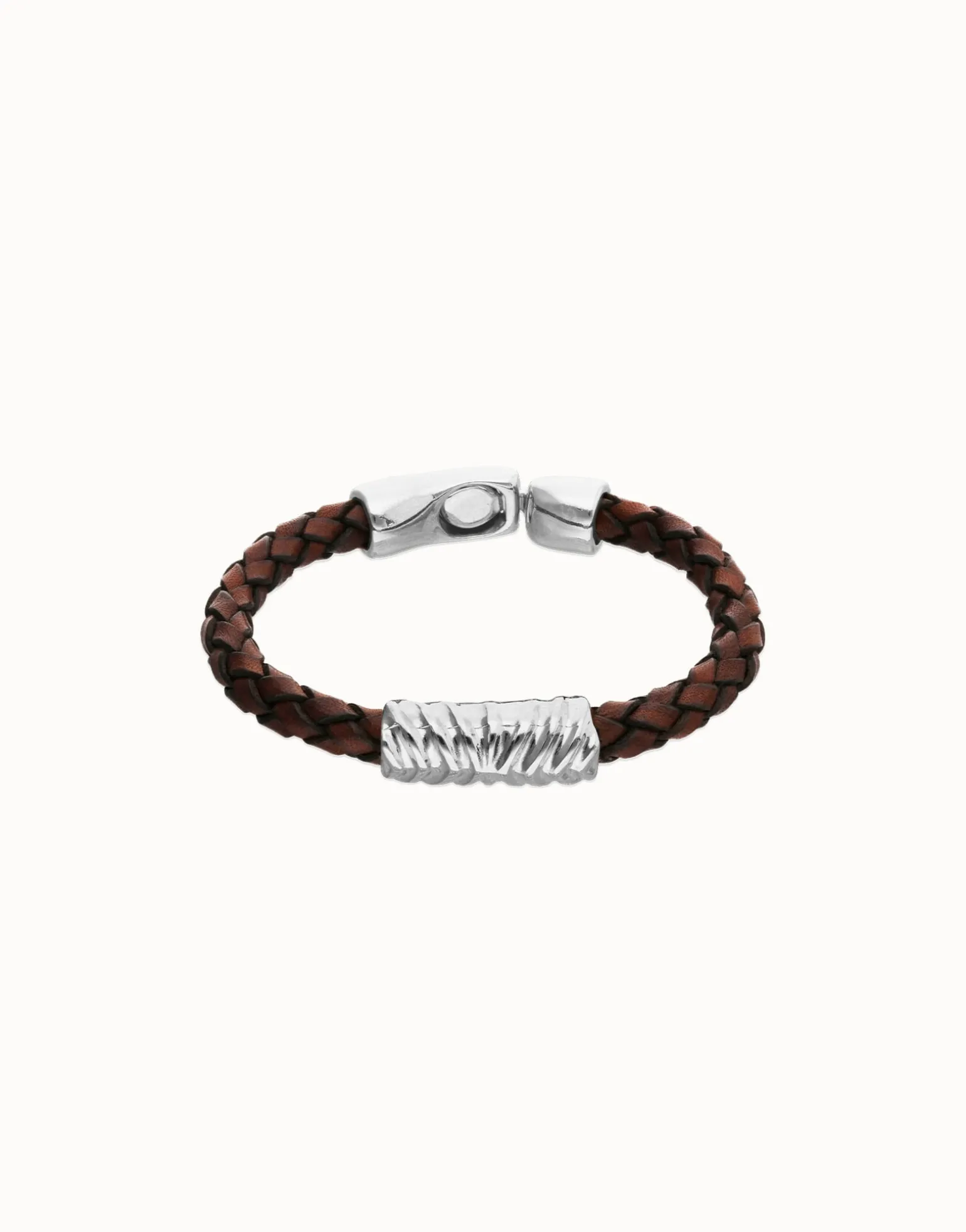 Brown braided leather bracelet with a metal detail