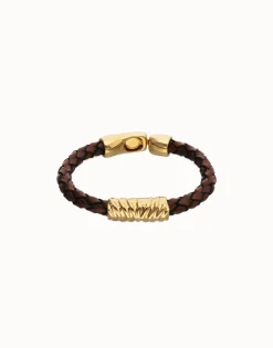 Brown braided leather bracelet with a metal detail