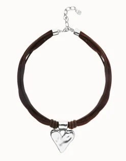 Brown leather and silk thread necklace with heart detail