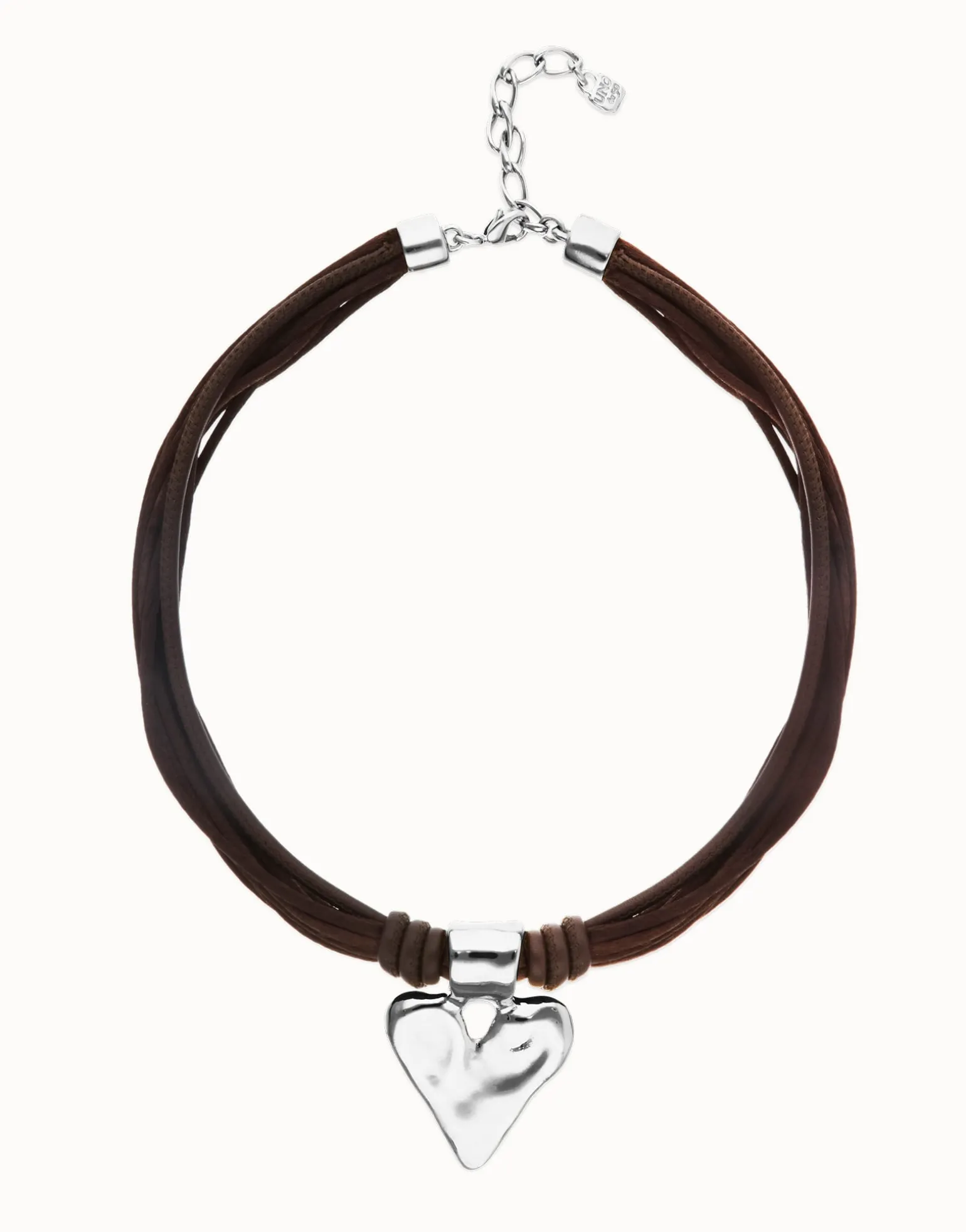 Brown leather and silk thread necklace with heart detail