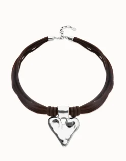 Brown leather and silk thread necklace with heart detail