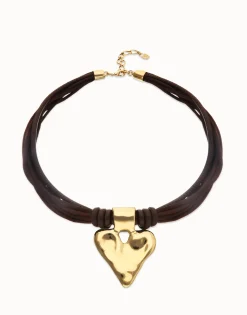 Brown leather and silk thread necklace with heart detail