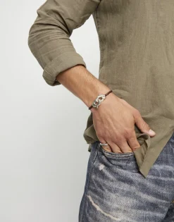 Brown leather bracelet with interlocking carabiner