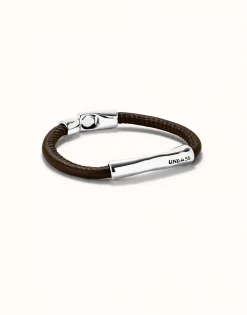 Brown leather bracelet with sterling silver-plated central detail