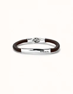 Brown leather bracelet with sterling silver-plated central detail