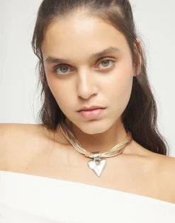 Camel leather and silk thread necklace with heart detail