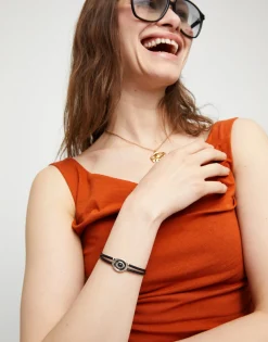 Double black leather birthstone bracelet with eye