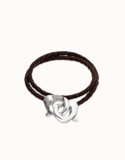 Double brown leather bracelet with interlocking carabiner