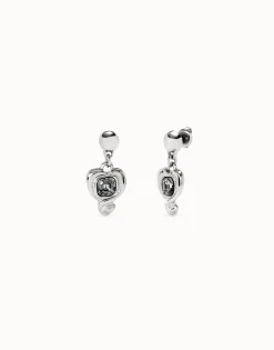 Drop earrings with a heart and black crystal