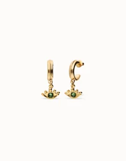 Eye-shaped drop earrings with green crystal