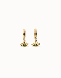 Eye-shaped drop earrings with green crystal