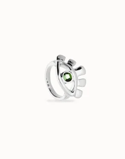 Eye-shaped ring with faceted green crystal