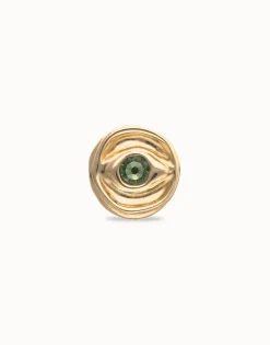 Eye-shaped signet ring with faceted green crystal