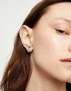 Eye-shaped stud earrings with blue crystal