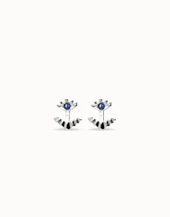 Eye-shaped stud earrings with blue crystal