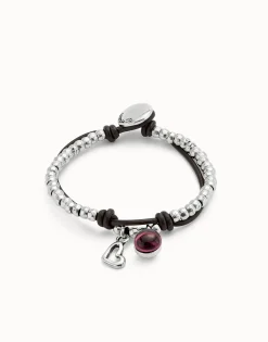 Leather beaded bracelet with purple murano glass