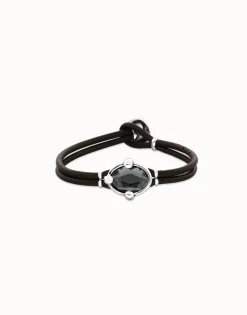 Leather bracelet with faceted black oval crystal