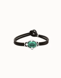 Leather bracelet with green oval faceted crystal