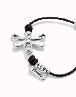 Leather bracelet with sterling silver-plated dragonfly