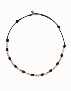 Leather necklace with silver and wooden beads