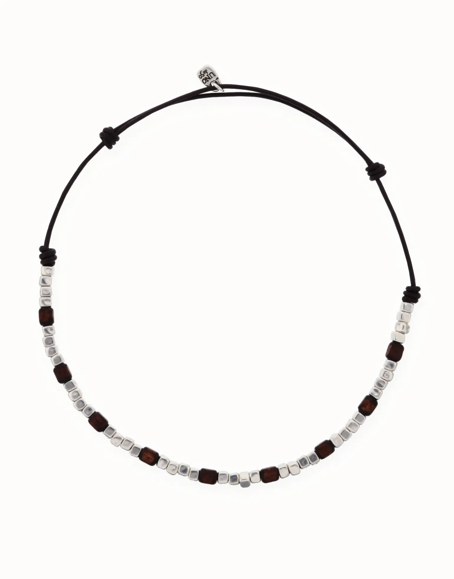 Leather necklace with silver and wooden beads