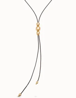 Long leather necklace with three central beads