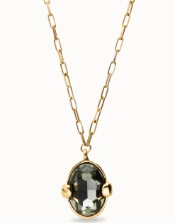 Long necklace with gray oval faceted crystal
