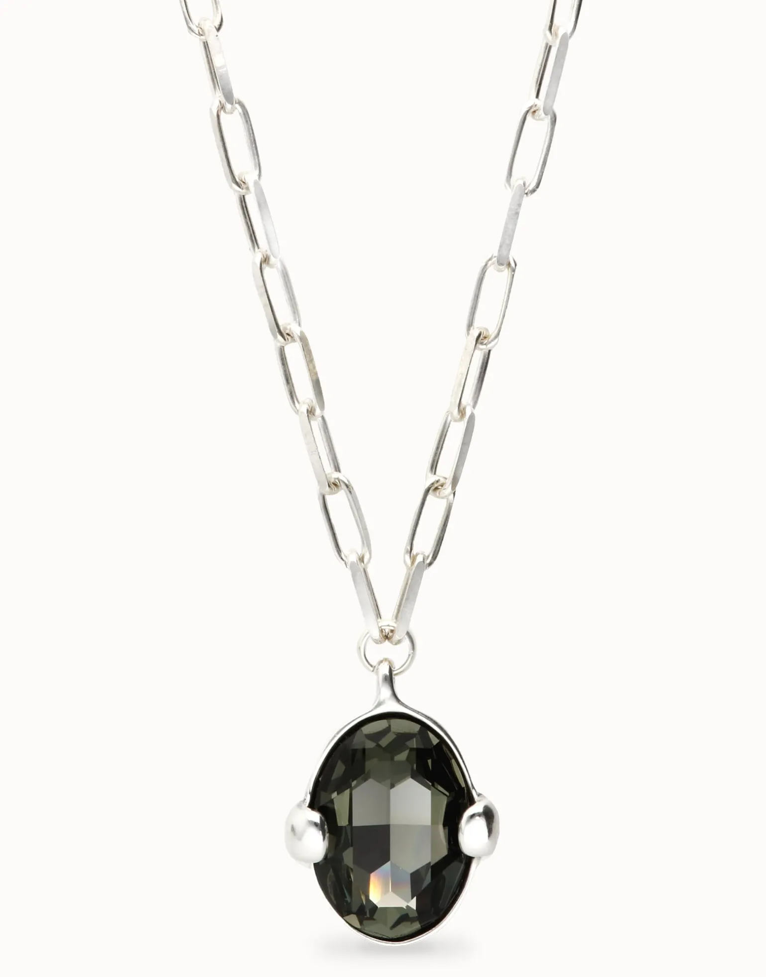 Long necklace with large gray oval faceted crystal