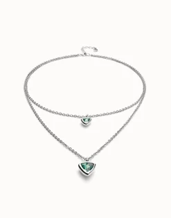 Multi-layer pendant link chain necklace with green crystal