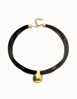 Multistrand short leather necklace with large sphere