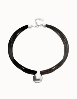 Multistrand short leather necklace with large sphere