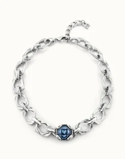 Short link chain necklace with large blue crystal