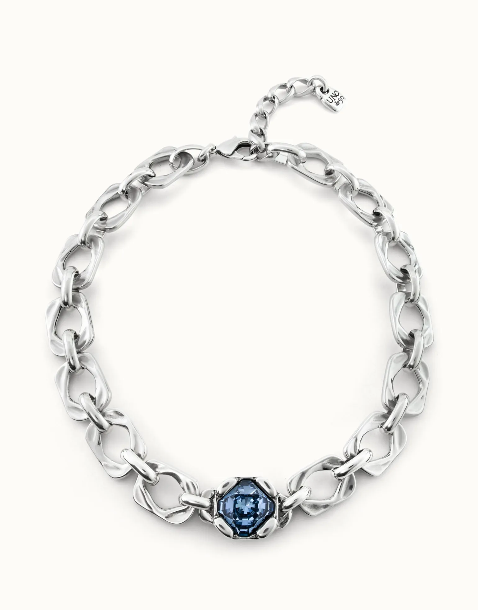 Short link chain necklace with large blue crystal