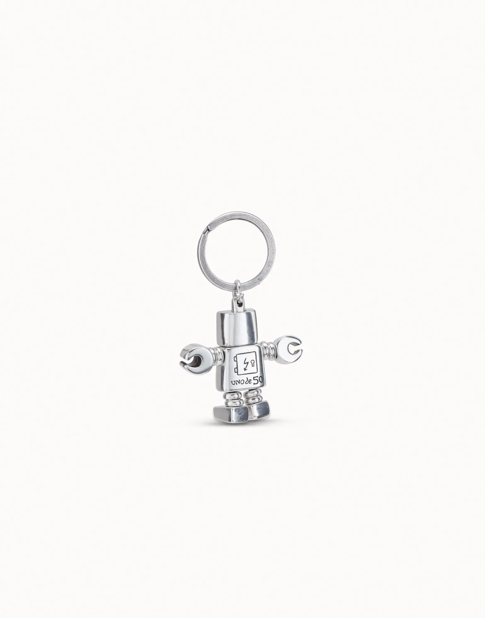 Sterling silver-plated engraved robot and logo key-ring