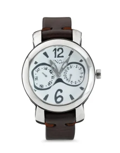 Sterling silver-plated leather and metal watch for men