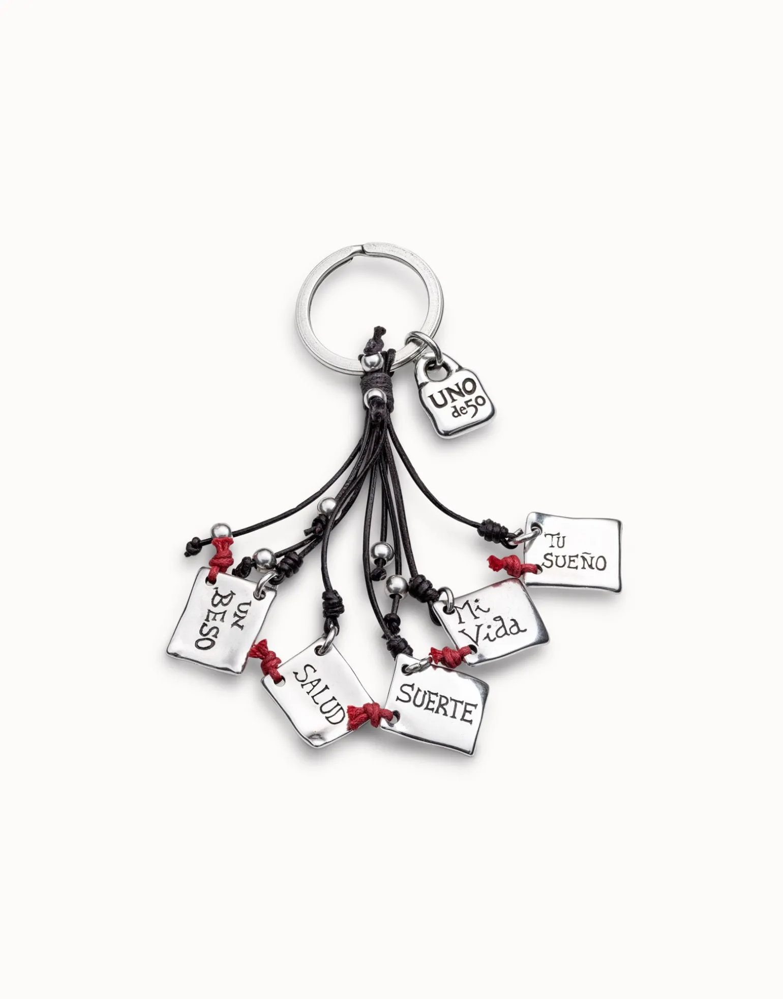 Sterling silver-plated message key-ring with leather details