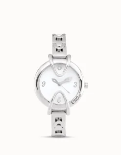 Sterling silver-plated watch with metal strap and round white dial